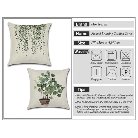 Set of 4 Pillow Covers Green leaves cotton linen - Picture 4 of 8